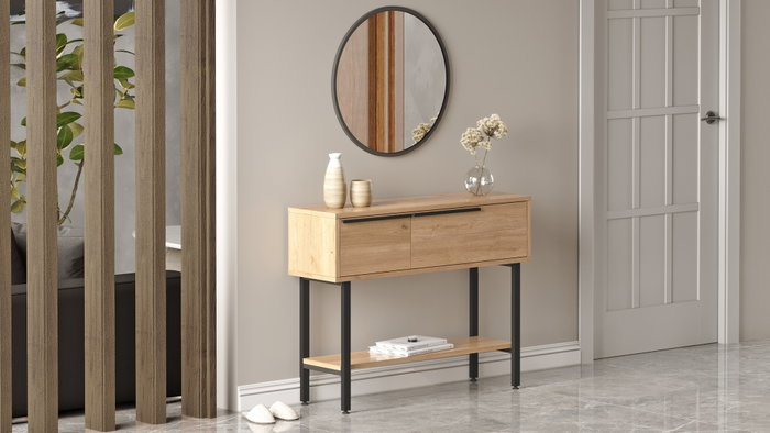 Hanah Home On12-S Aparador de Nogal con Espejo 100x76x29.5cm Tablero Melamina Patas Metal